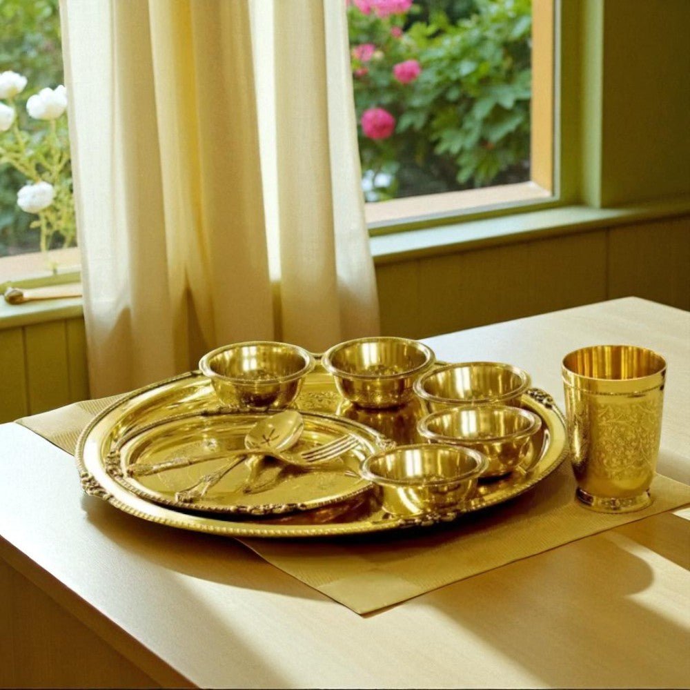 Maharaja 10 Pcs Brass Dinner Set – Etched Gold Pital Dinnerware - Royalstuffs.com