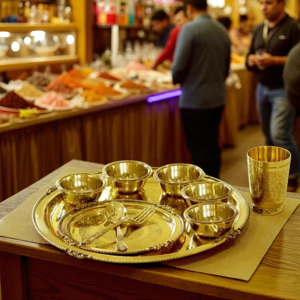 Maharaja 10 Pcs Brass Dinner Set – Etched Gold Pital Dinnerware - Royalstuffs.com