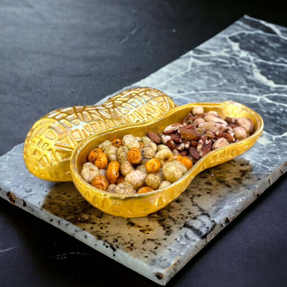 Metal Crafted Peanut/Mumfali Design Serving Bowl in Golden Color - Royalstuffs.com