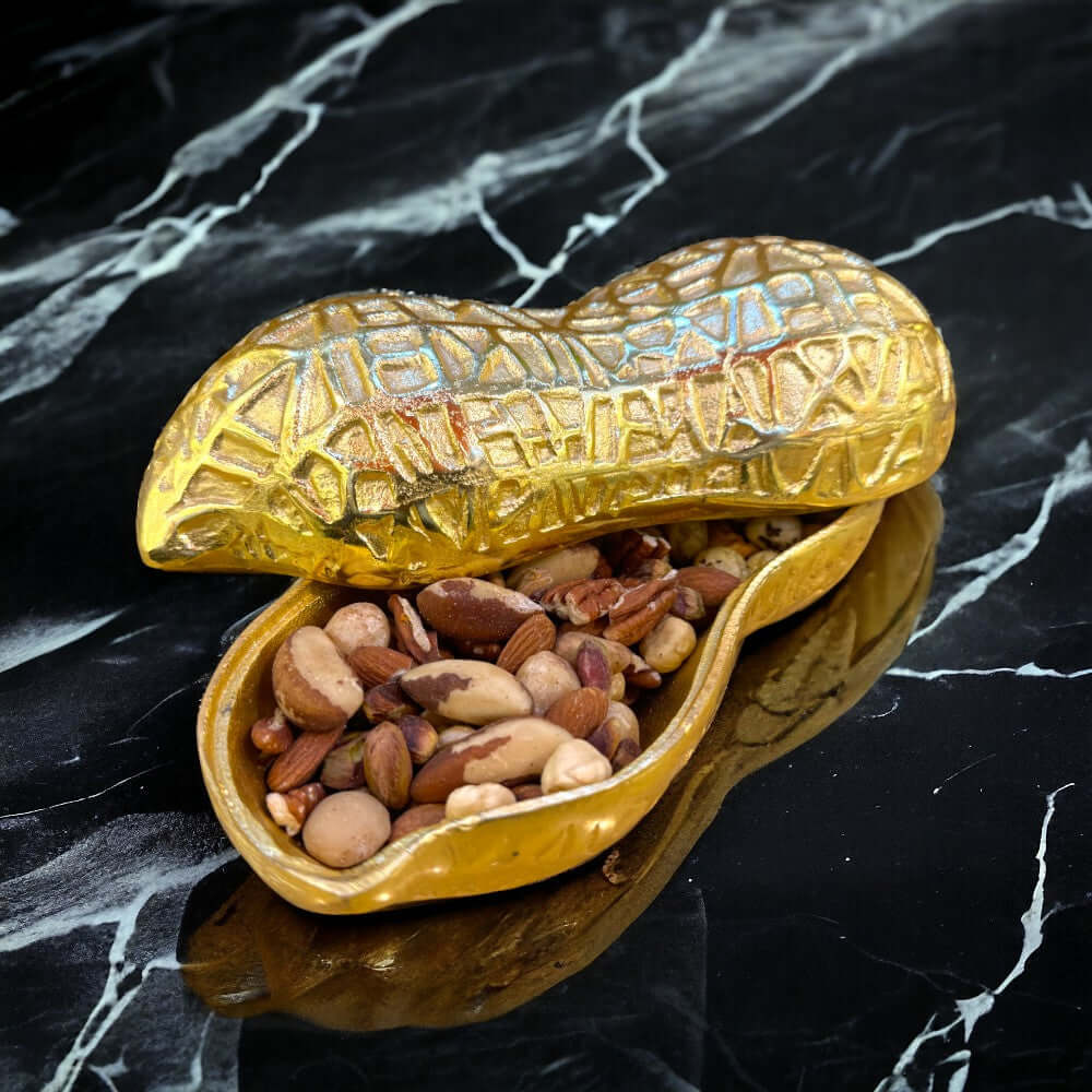 Metal Crafted Peanut/Mumfali Design Serving Bowl in Golden Color - Royalstuffs.com