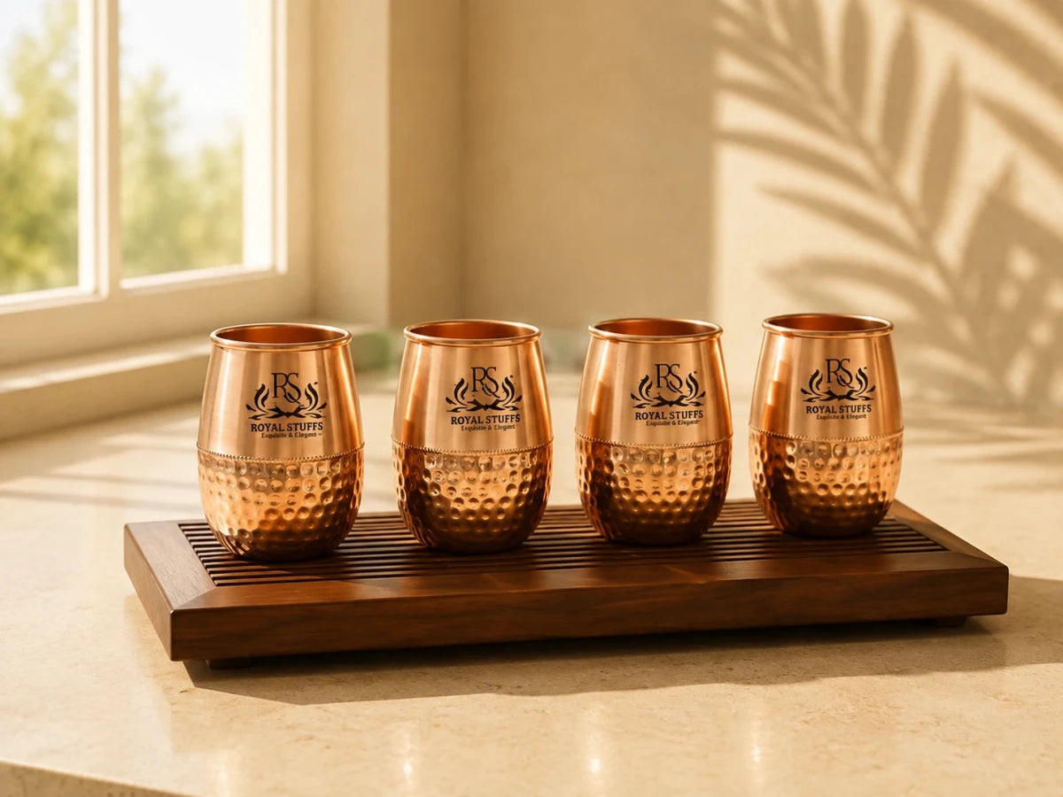 Metal Dholak Shaped Copper Water Glass 100% Pure Tamba Glass BPA Free for Drinking & Serving Set of 4 Piece(200ml) - Royalstuffs.com
