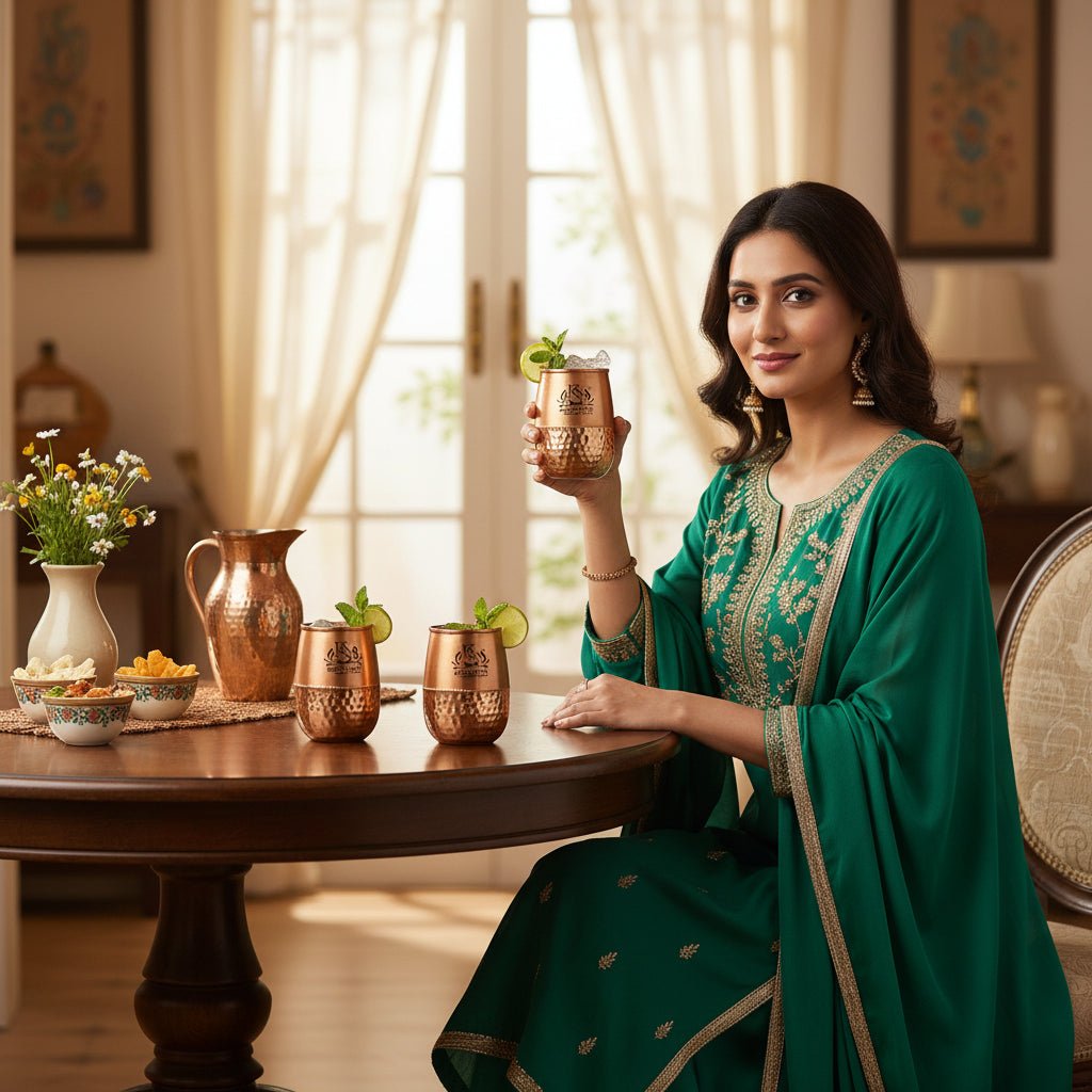 Metal Dholak Shaped Copper Water Glass 100% Pure Tamba Glass BPA Free for Drinking & Serving Set of 4 Piece(200ml) - Royalstuffs.com