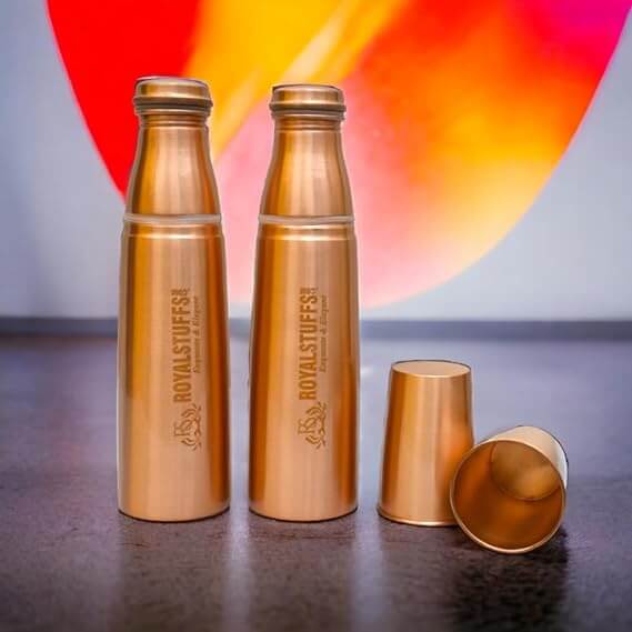Pack of 2 Copper Water Bottle 1LTR Extra Large - an Ayurvedic Pure Copper Vessel- Helps to Drink More Water, Lower Your Sugar Intake and Enjoy The Health Benefits - Gift Pack - Royalstuffs.com