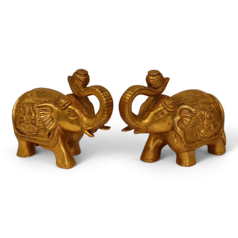 Pair of Brass Antique Finish Gaj Laxmi Elephant Decorative Showpiece - 4 Inch - Royalstuffs.com