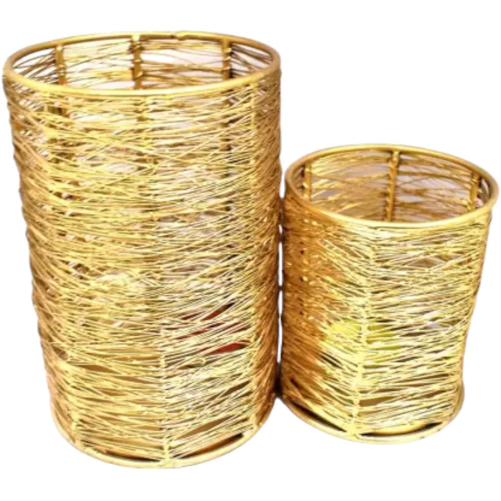 ROYALSTUFFS Golden Metal Wire Tea Light Candle Holder/Candle Stand for Home Decor Iron Tealight Holder Set  (Gold, Pack of 2)