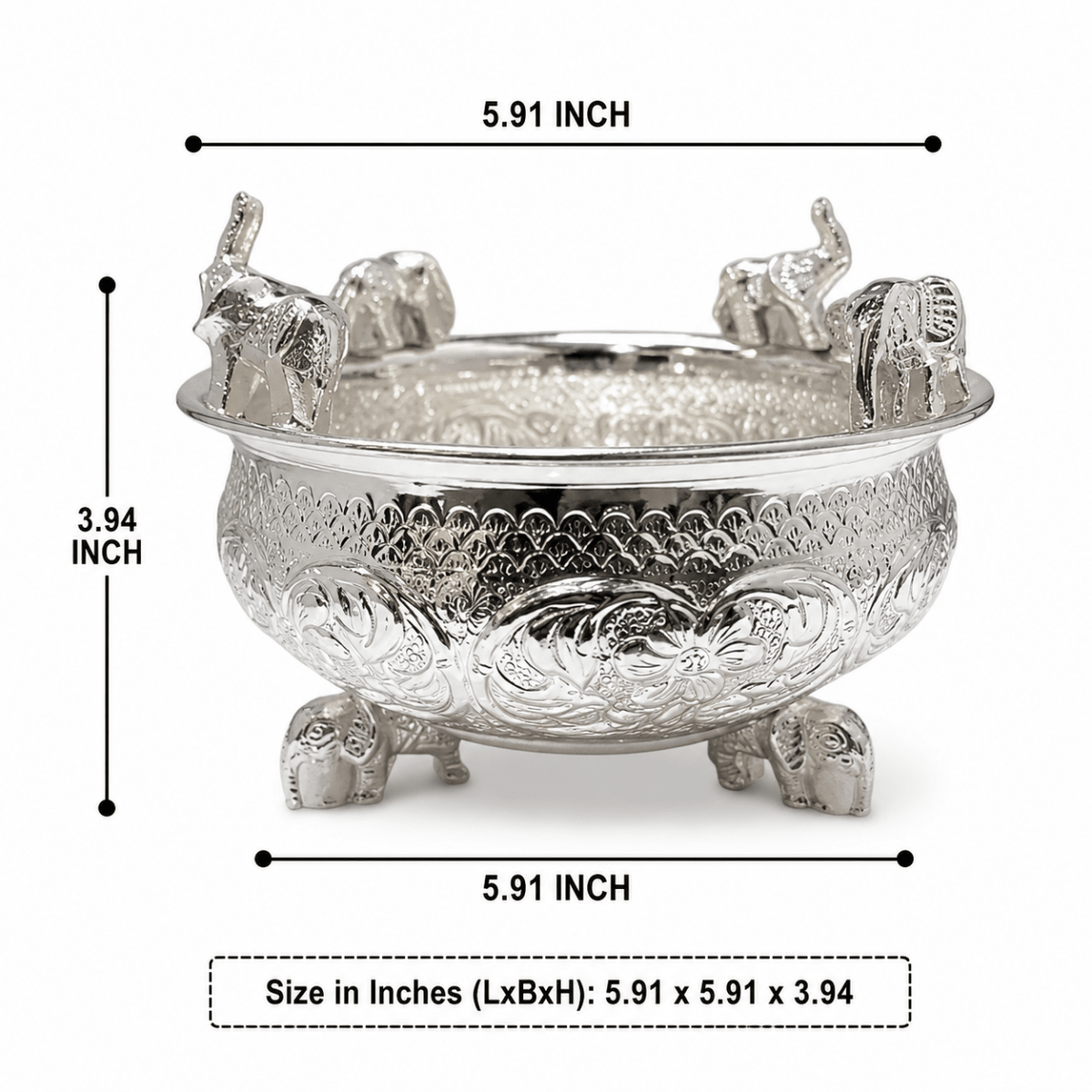 Premium Silver Polished Brass Elephant Urli in Blue Velvet Gift Box - Royalstuffs.com