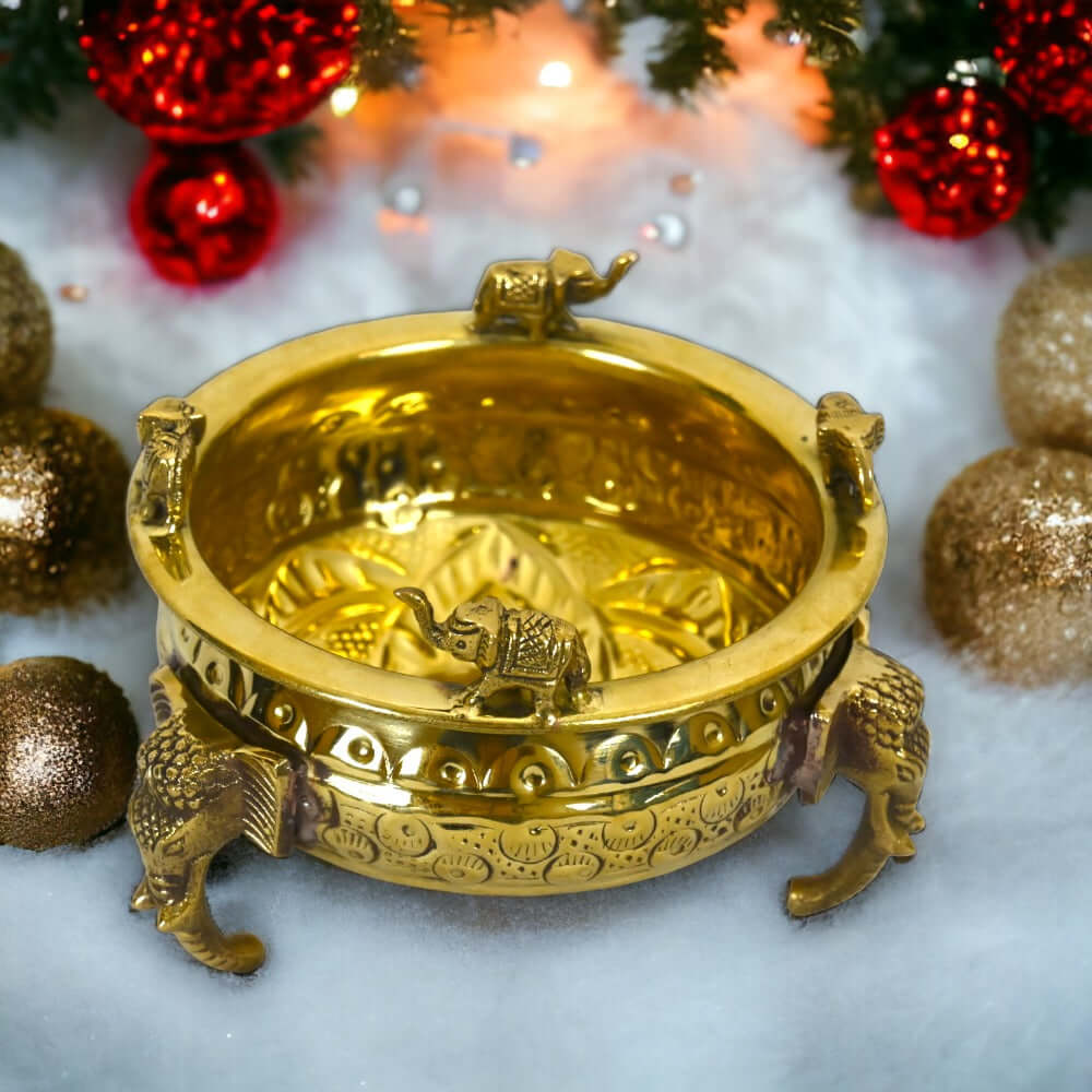 Pure Brass Beautiful 6 Inch Urli | Best Home Décor and Gift Item | Authentic & Handcrafted Material (Elephant Small ) - Royalstuffs.com