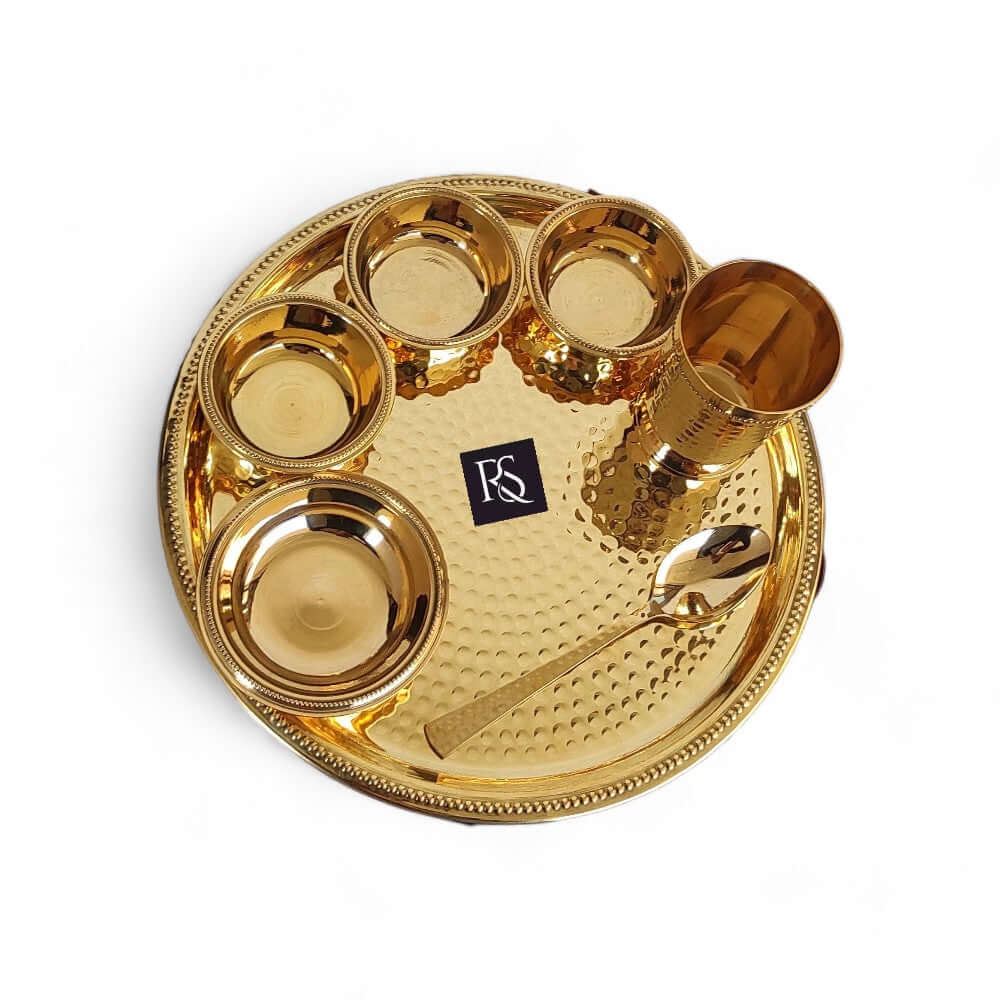 Pure Brass Hammered 7-Piece Dinner Set / Thali Set with Beaded Line Design - Royalstuffs.com