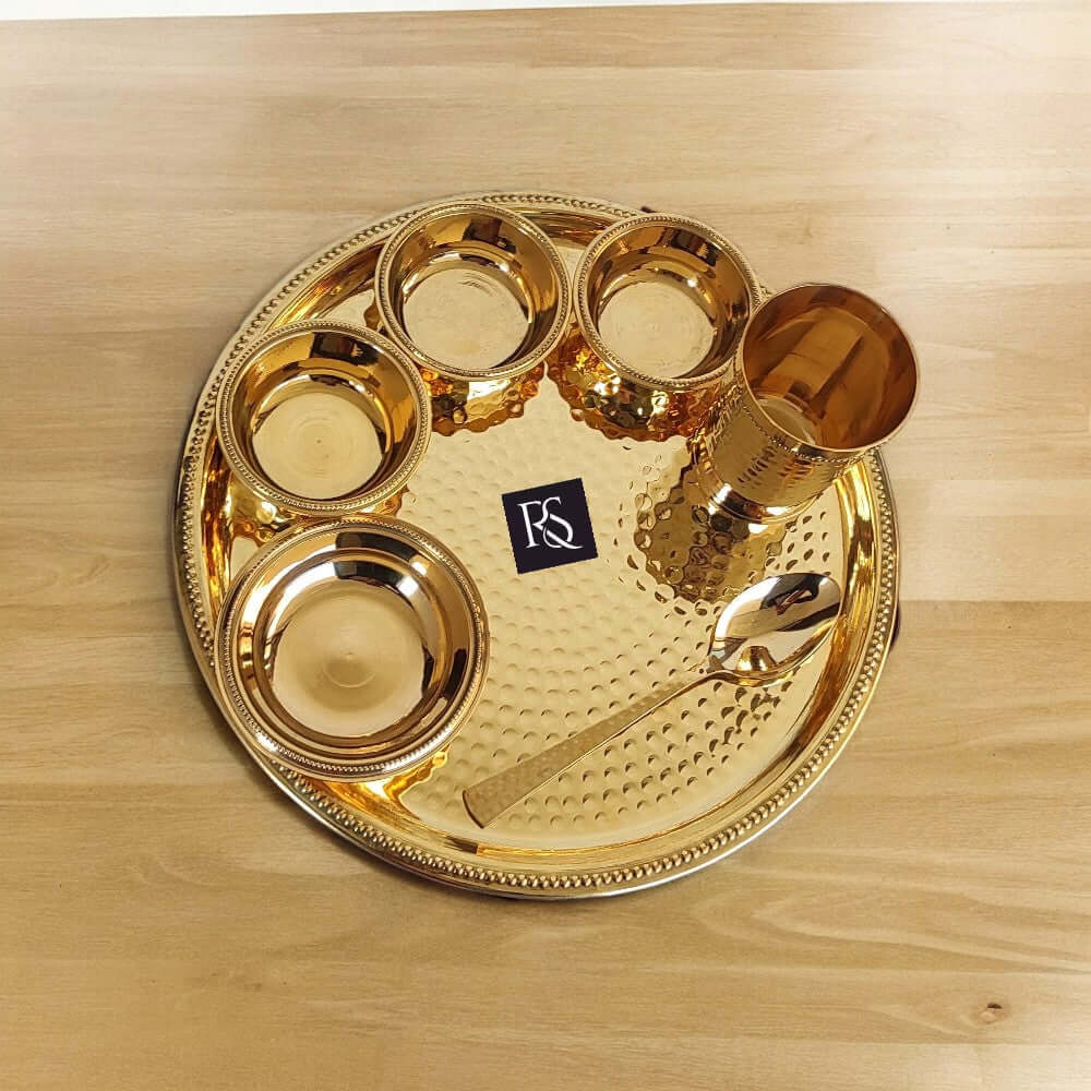 Pure Brass Hammered 7-Piece Dinner Set / Thali Set with Beaded Line Design - Royalstuffs.com
