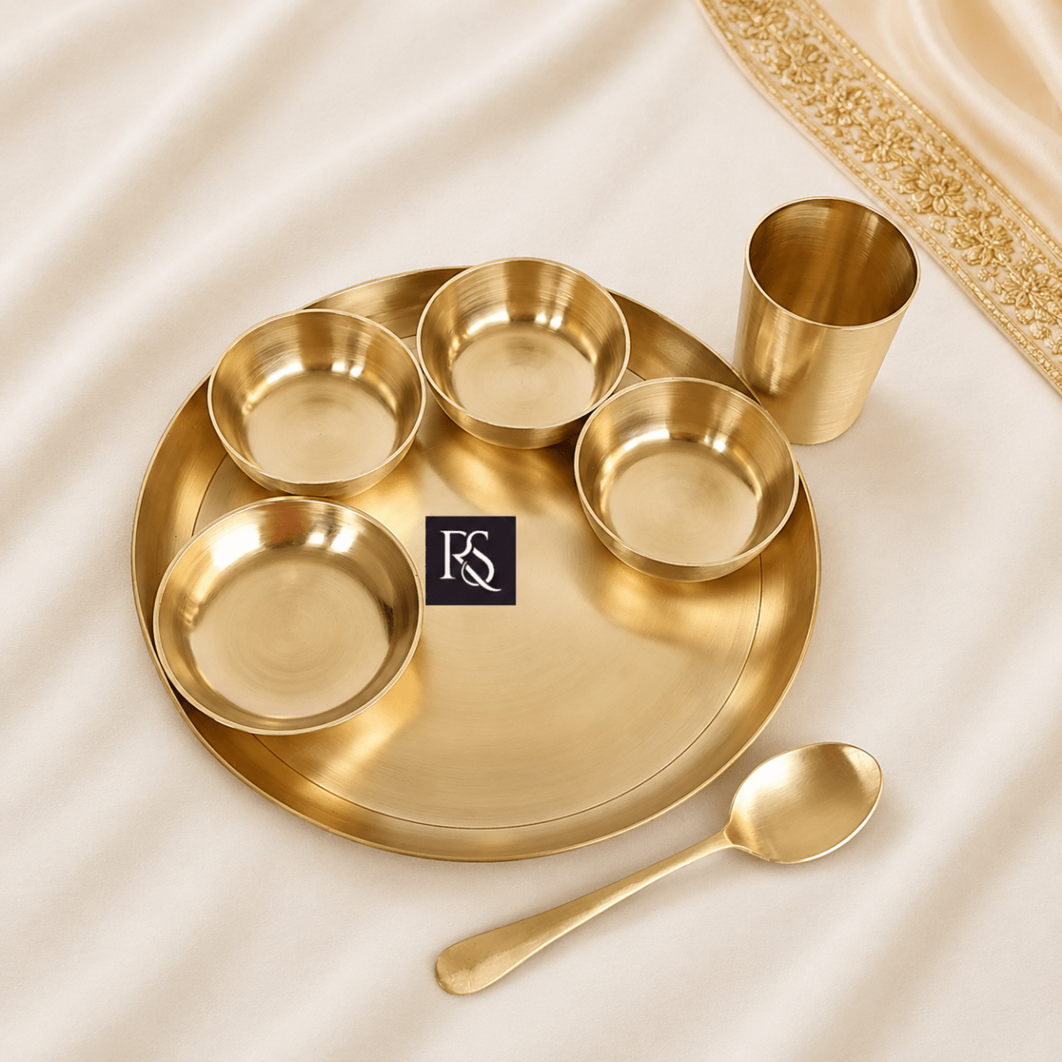 Pure Brass Matt Finish 7-Piece Dinner Set / Thali Set - Royalstuffs.com