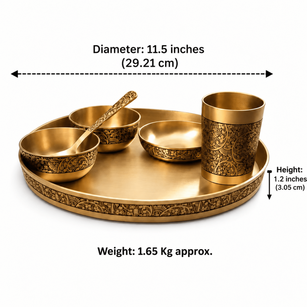 Pure Kansa Dinner Set – 6 Pieces | 11.5 Inch Matt Embossed Designer Thali - Royalstuffs.com