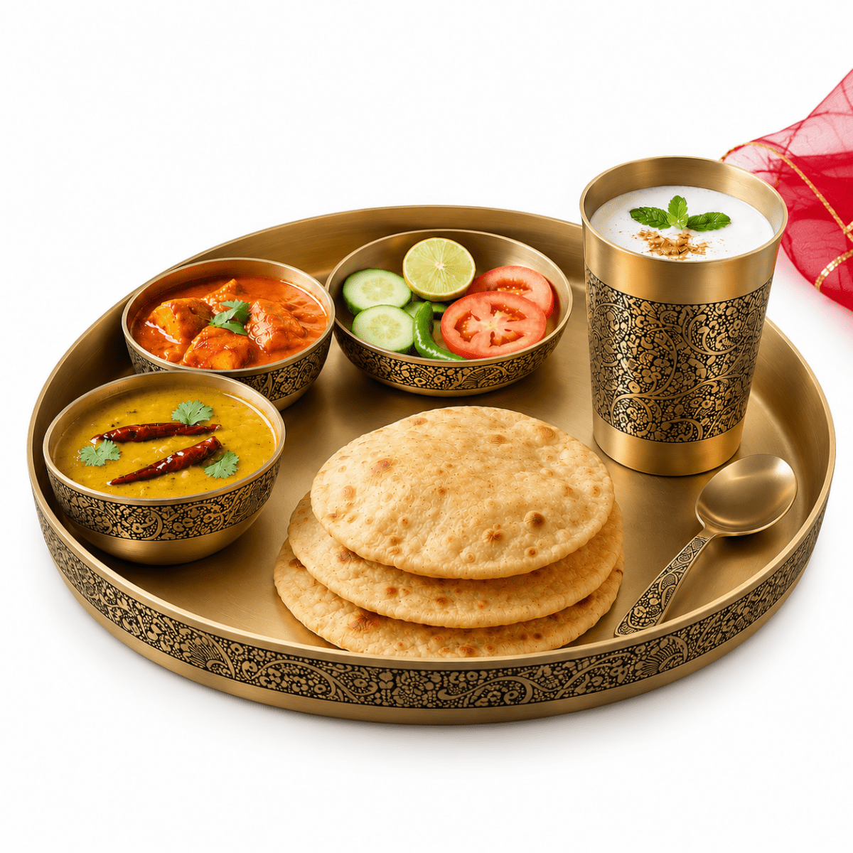 Pure Kansa Dinner Set – 6 Pieces | 12 Inch Matt Embossed Designer Thali - Royalstuffs.com