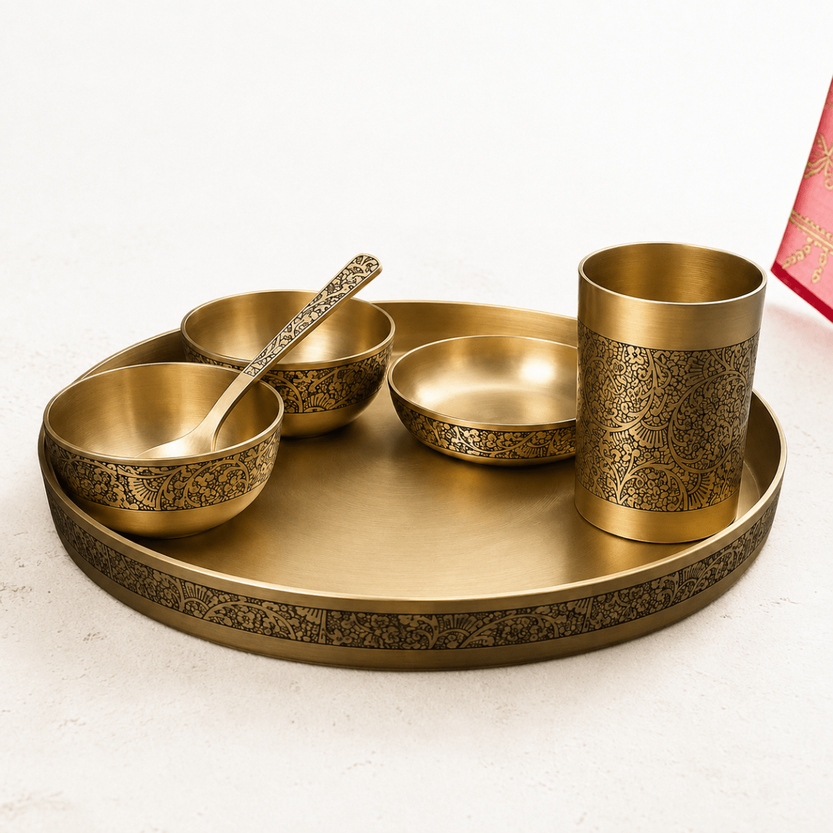 Pure Kansa Dinner Set – 6 Pieces | 12 Inch Matt Embossed Designer Thali - Royalstuffs.com