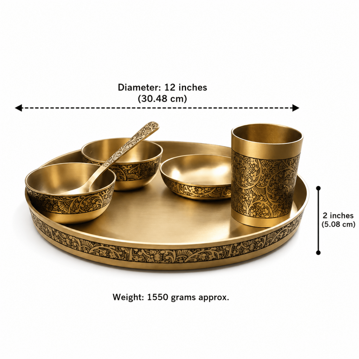 Pure Kansa Dinner Set – 6 Pieces | 12 Inch Matt Embossed Designer Thali - Royalstuffs.com