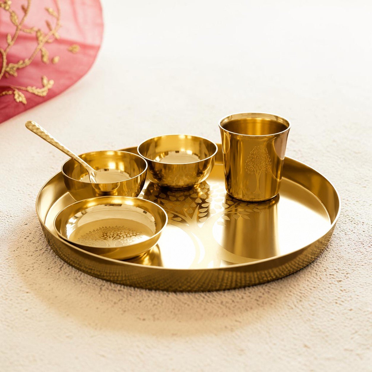 Pure Kansa Thali Set – 6 Piece | Designer Tree Engraved Bronze - Royalstuffs.com
