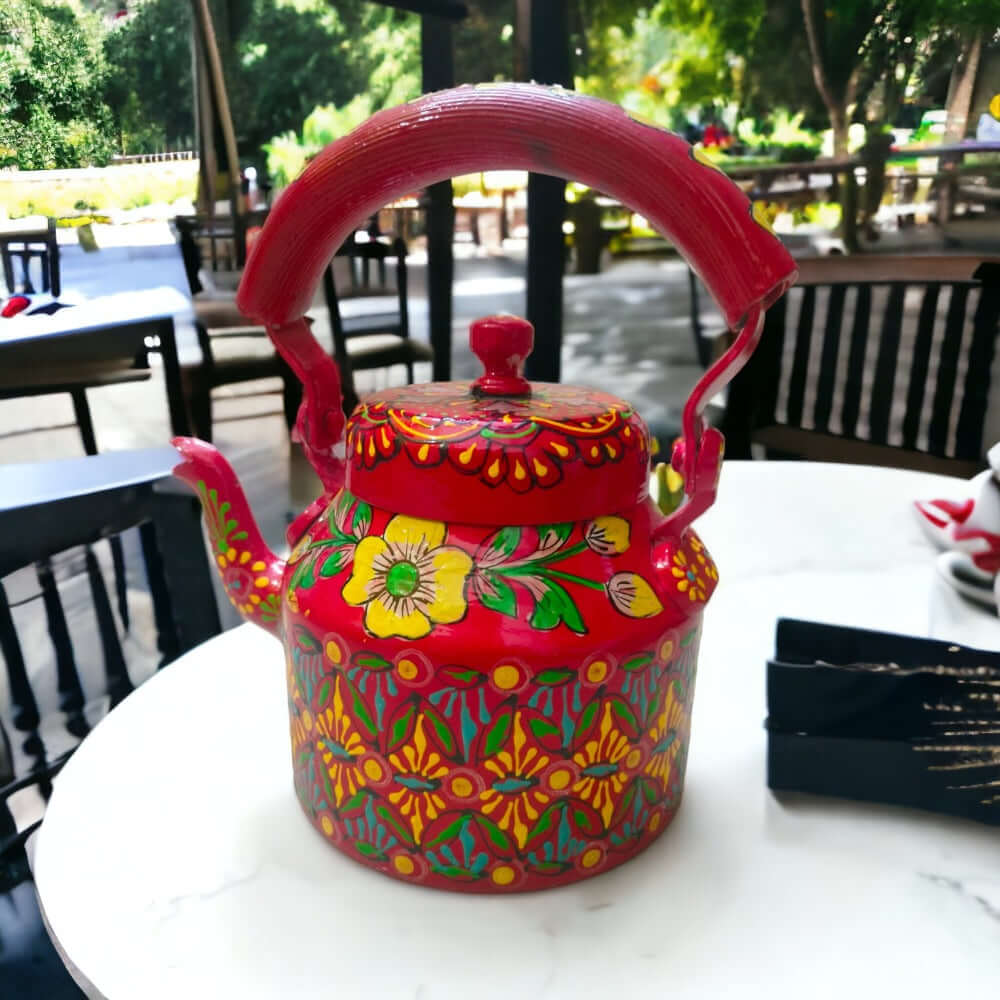 Red Color Hand Painted Aluminium Kettle for Tea/Coffee, Decorative Item (8.5X5.5X8.5 INCH) - Royalstuffs.com