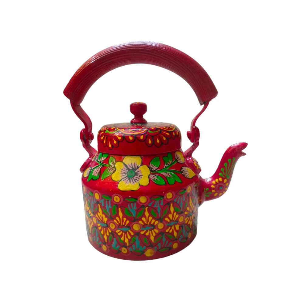 Red Color Hand Painted Aluminium Kettle for Tea/Coffee, Decorative Item (8.5X5.5X8.5 INCH) - Royalstuffs.com