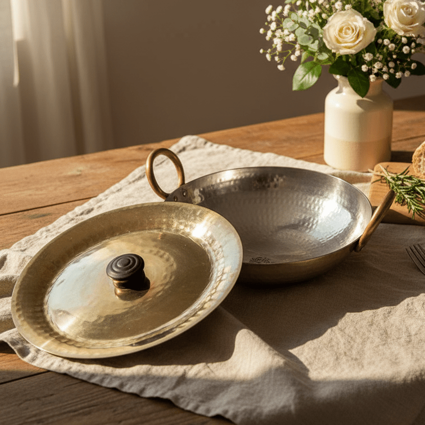 Round Base Handmade Brass Kadhai with Tin (Kalai) Coating & Brass Lid - Royalstuffs.com