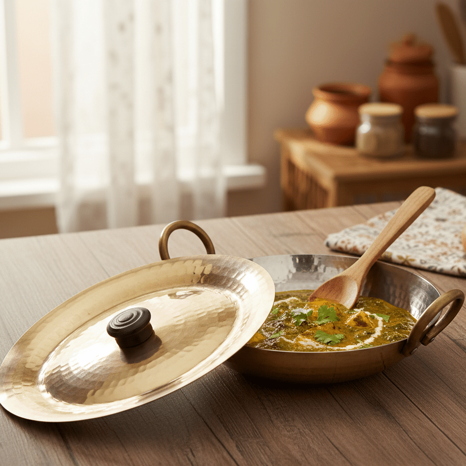 Round Base Handmade Brass Kadhai with Tin (Kalai) Coating & Brass Lid - Royalstuffs.com