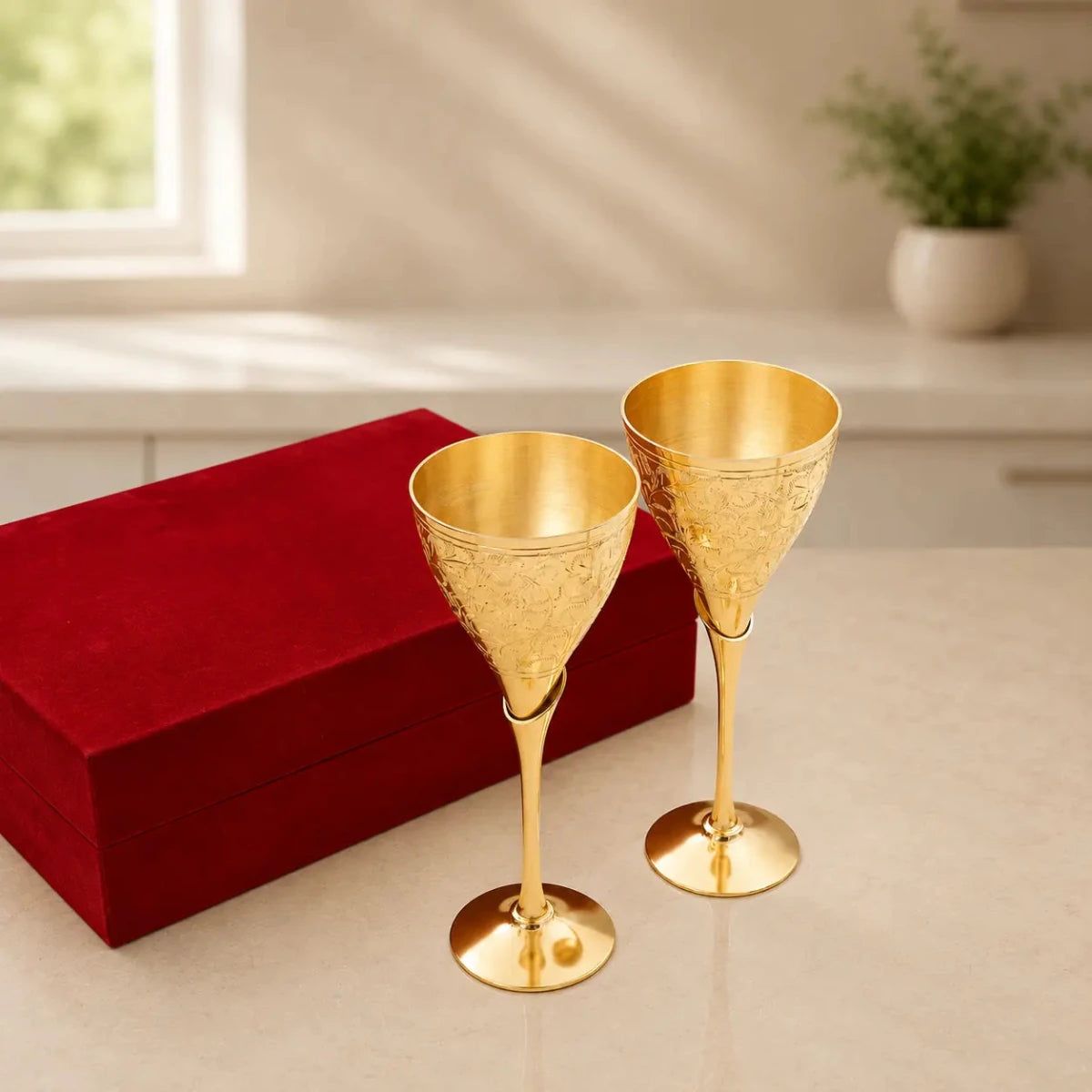 Royal Brass Wine Glass Drink Ware Set of 2 for Home, Clubs (Golden) - Royalstuffs.com