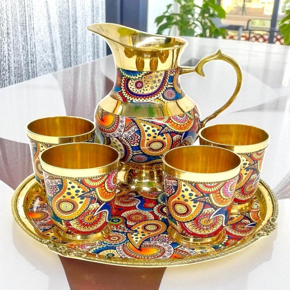 Royal Golden Steel Jug Glass Tray Set | Handcrafted Flower Lemon Set | Designer Drinkware - Royalstuffs.com