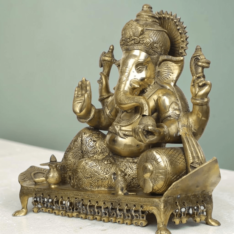 Royal India Brass Lord Ganesha Sitting on Chowki – Golden Polish – 15", Weight:14.5Kg - Royalstuffs.com