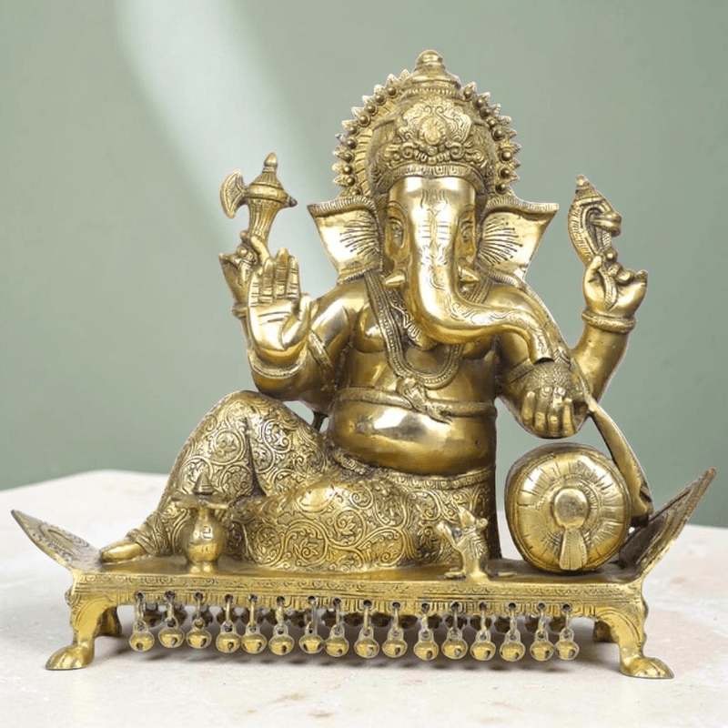 Royal India Brass Lord Ganesha Sitting on Chowki – Golden Polish – 15", Weight:14.5Kg - Royalstuffs.com