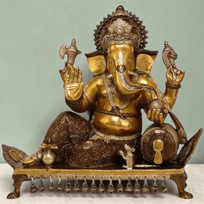 Royal India Brass Lord Ganesha Sitting on Chowki, Height: 15",Weight:14.5 Kg. - Royalstuffs.com