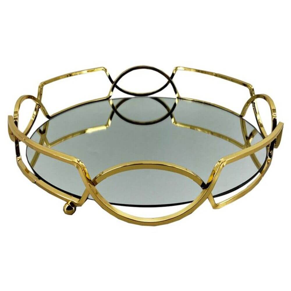 ROYALSTUFFS 12" Antique Brass Glass Tray with Mirror Top metal, gold colour - Royalstuffs.com