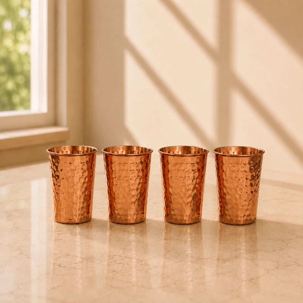 ROYALSTUFFS 12 Liters Pure Copper Drinkware Water Dispenser Hammered Finish- Ayurveda Health Healing Water Container Tank with 4 Matching Tumbler Glasses and 2 Copper Bottle - Royalstuffs.com