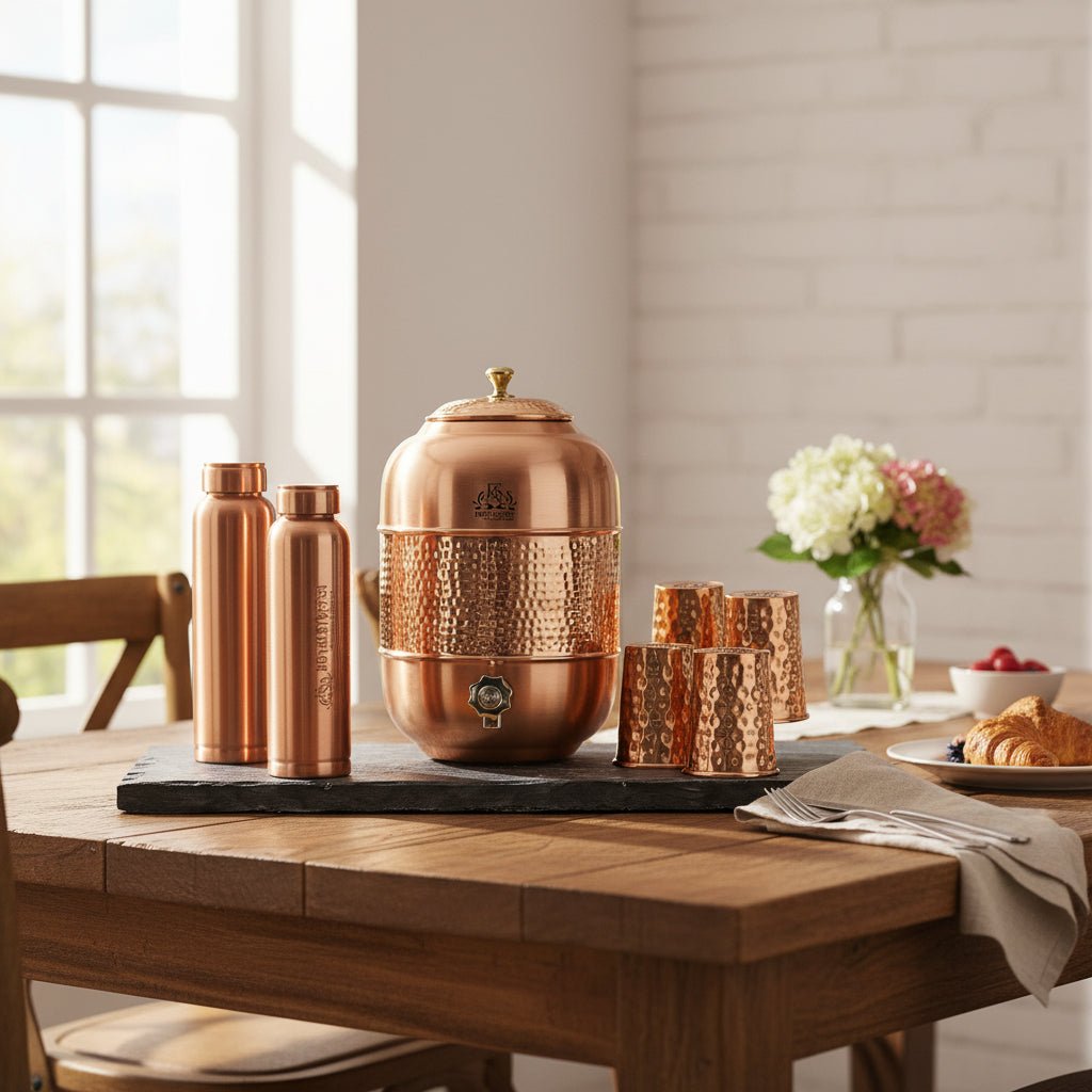 ROYALSTUFFS 12 Liters Pure Copper Drinkware Water Dispenser Hammered Finish- Ayurveda Health Healing Water Container Tank with 4 Matching Tumbler Glasses and 2 Copper Bottle - Royalstuffs.com