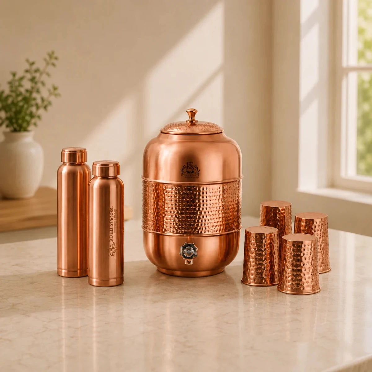 ROYALSTUFFS 12 Liters Pure Copper Drinkware Water Dispenser Hammered Finish- Ayurveda Health Healing Water Container Tank with 4 Matching Tumbler Glasses and 2 Copper Bottle - Royalstuffs.com