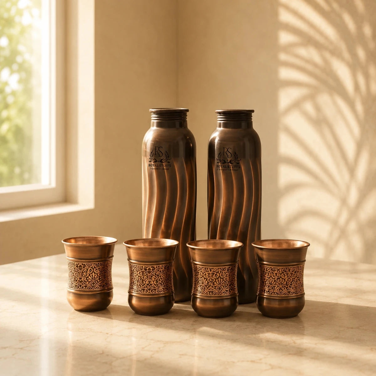 ROYALSTUFFS 2 Copper Lehar Water Bottle 1 Liter Extra Large with 4 Tumblers - Helps to Drink More Water, Enjoy The Health Benefits - 2 Tamba Bottle With 4 Antique Copper Glasses - Royalstuffs.com