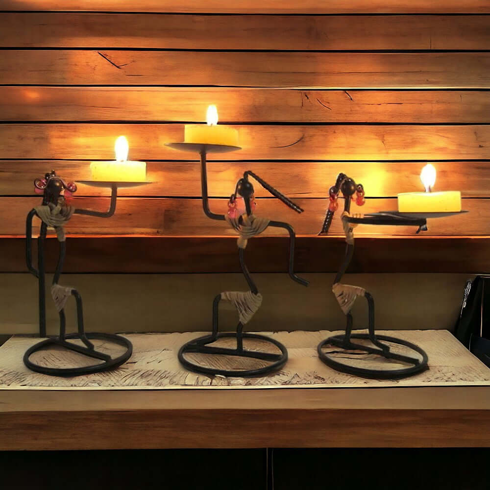 ROYALSTUFFS 3 Dancing Figurines Double Candle Holders Metal Art Decor (3 X 3 X 6 Inches) - Royalstuffs.com