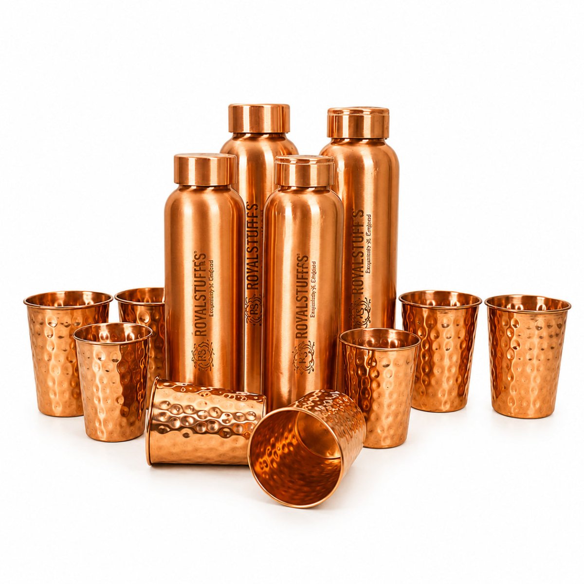 ROYALSTUFFS 4 Copper Water Bottle 900 ML with 8 Copper Tumbler Glass Drinking Water Bottle Glass Set For Health Benefits 250 ML - Royalstuffs.com