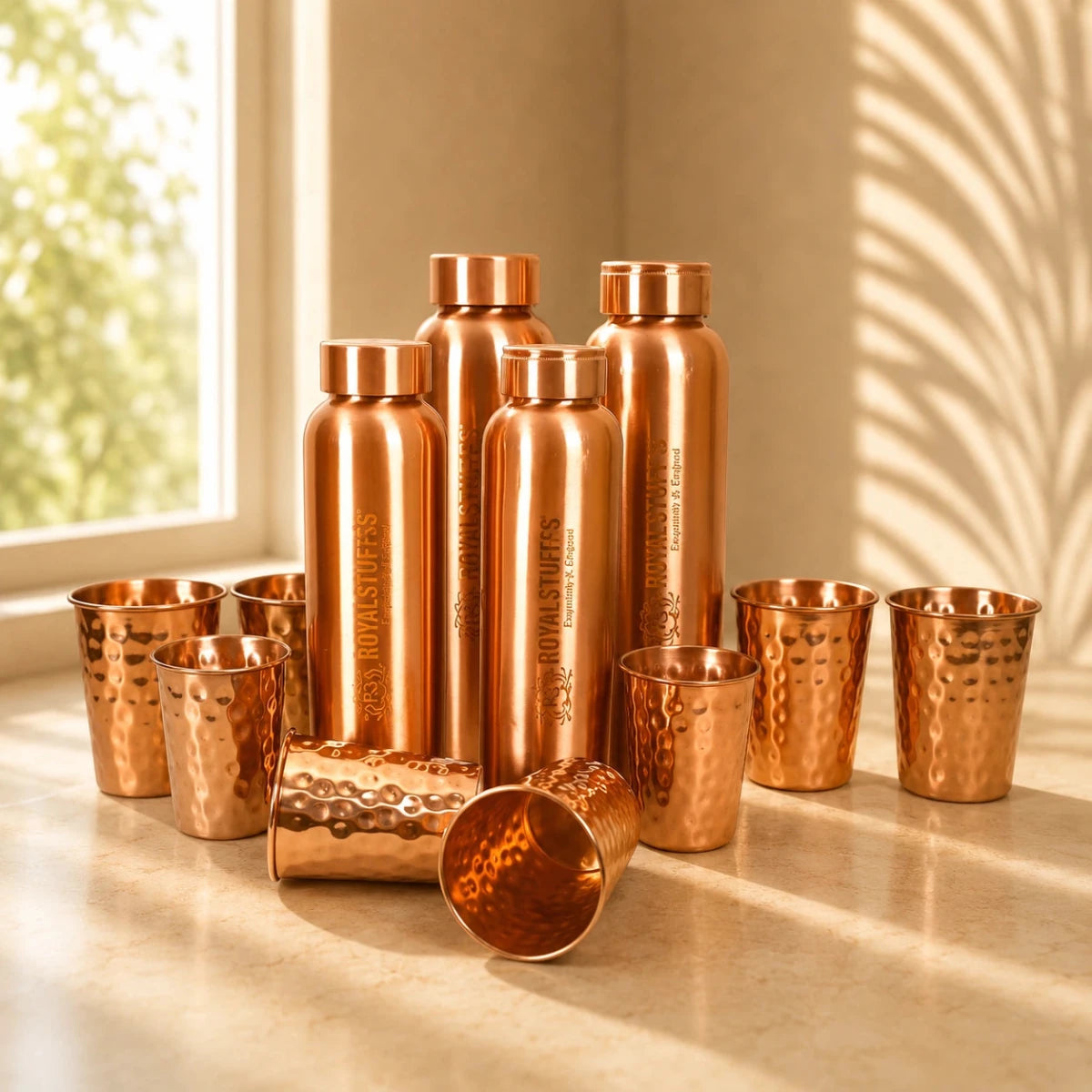 ROYALSTUFFS 4 Copper Water Bottle 900 ML with 8 Copper Tumbler Glass Drinking Water Bottle Glass Set For Health Benefits 250 ML - Royalstuffs.com