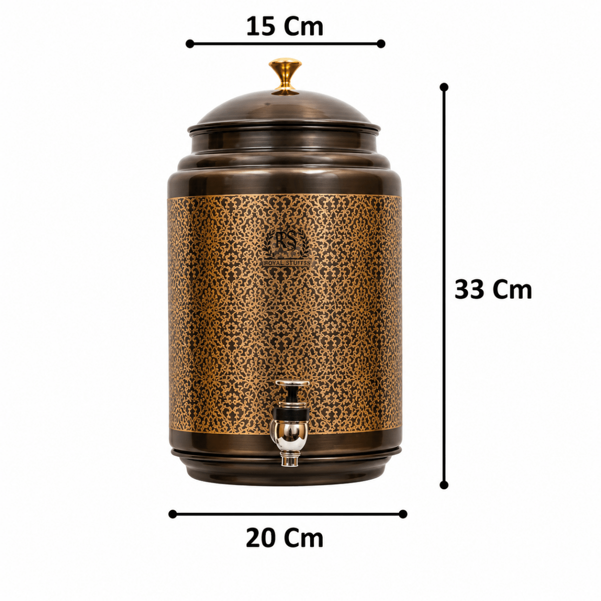 ROYALSTUFFS 8 Liter Copper Embossed Black Water Dispenser Tank + 3 Glass & Stand with 1000 Ml Copper Bottle Handmade Copper Container | Anniversary, Birthday, Wedding Etc. - Royalstuffs.com