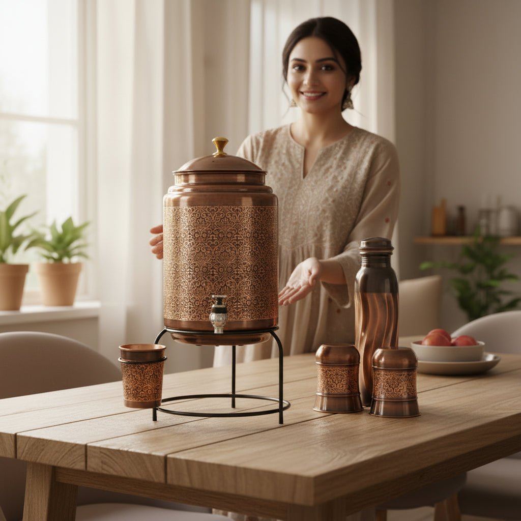 ROYALSTUFFS 8 Liter Copper Embossed Black Water Dispenser Tank + 3 Glass & Stand with 1000 Ml Copper Bottle Handmade Copper Container | Anniversary, Birthday, Wedding Etc. - Royalstuffs.com