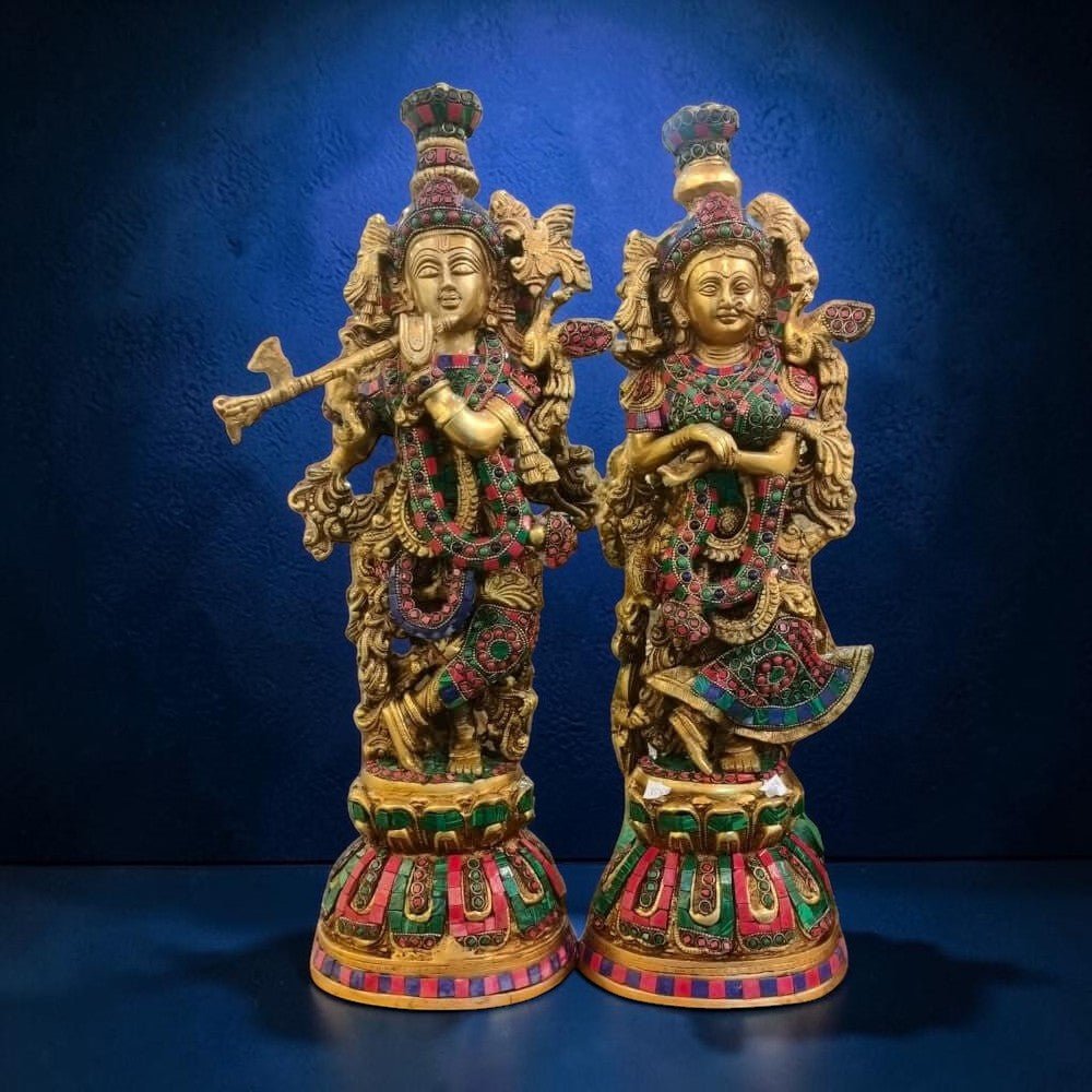 ROYALSTUFFS Brass Big Radha Krishna Idol/Multicolour Stone Work Showpiece/Standing on Flower Base Radhe Krishna Murti/for Home Office Temple/Standard Idol ( 17.8 Kg) - Royalstuffs.com