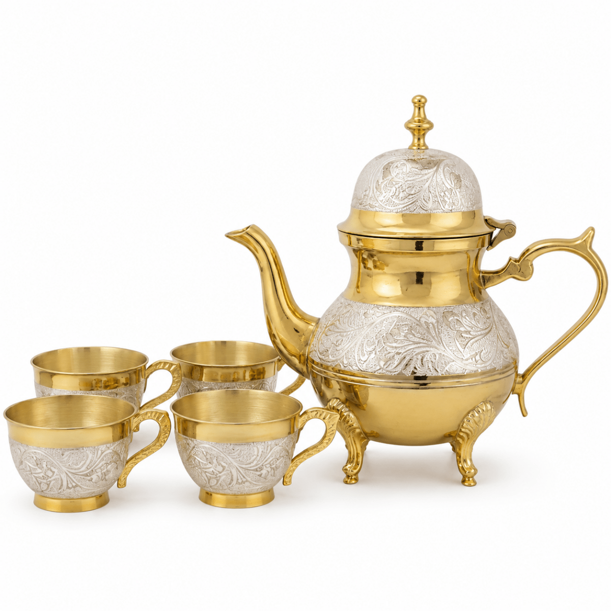 ROYALSTUFFS Brass Gold & Silver Tea Set with Red Velvet Box - Royalstuffs.com