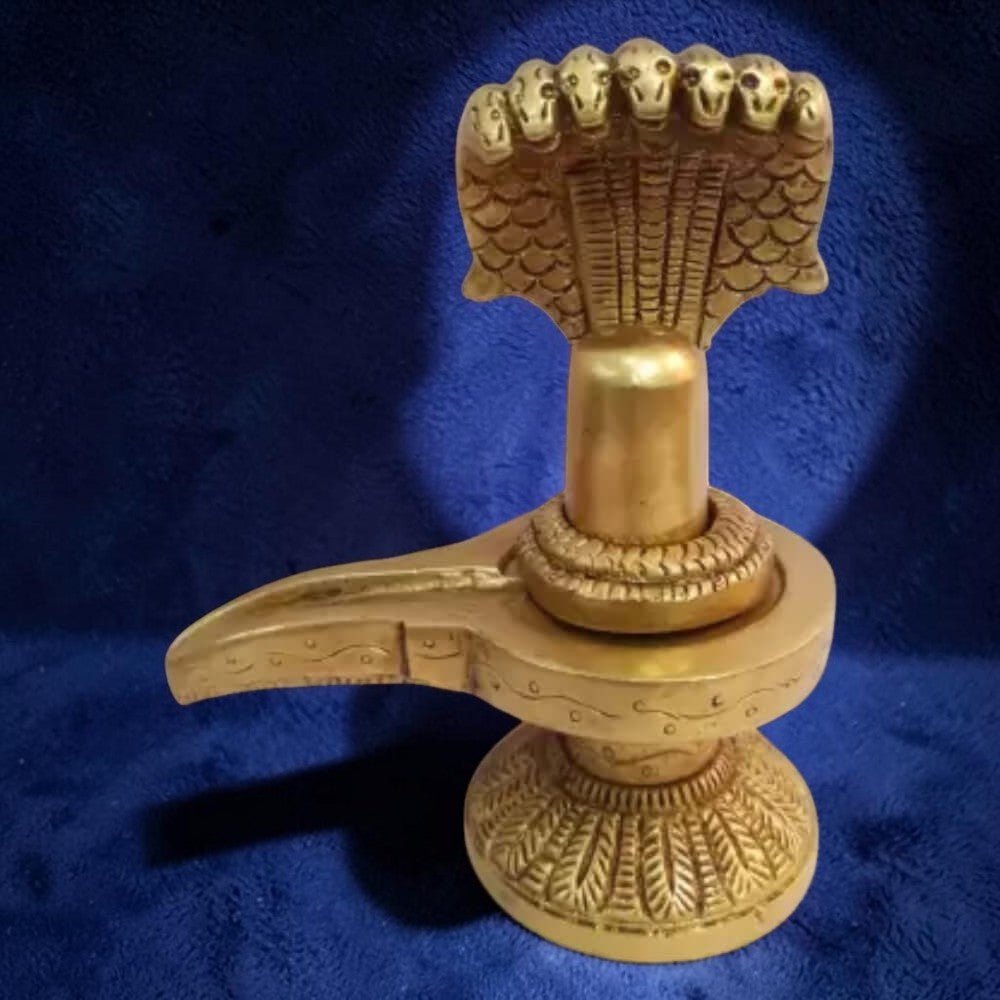 ROYALSTUFFS Brass Shivling with Hand Work on Snakes Decorative Showpiece - 5.5 Inch (Brass, Gold) - Royalstuffs.com