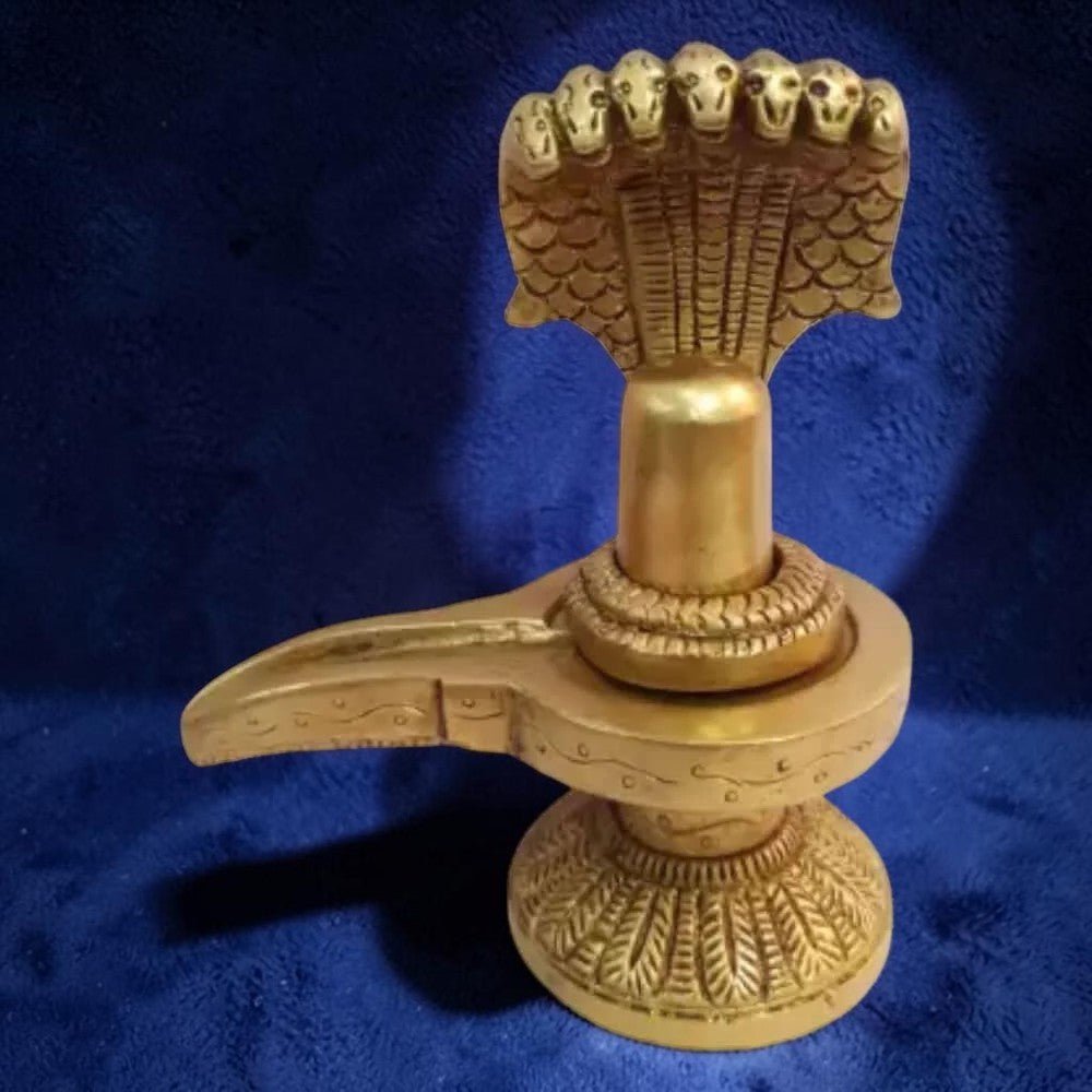 ROYALSTUFFS Brass Shivling with Hand Work on Snakes Decorative Showpiece - 5.5 Inch (Brass, Gold) - Royalstuffs.com