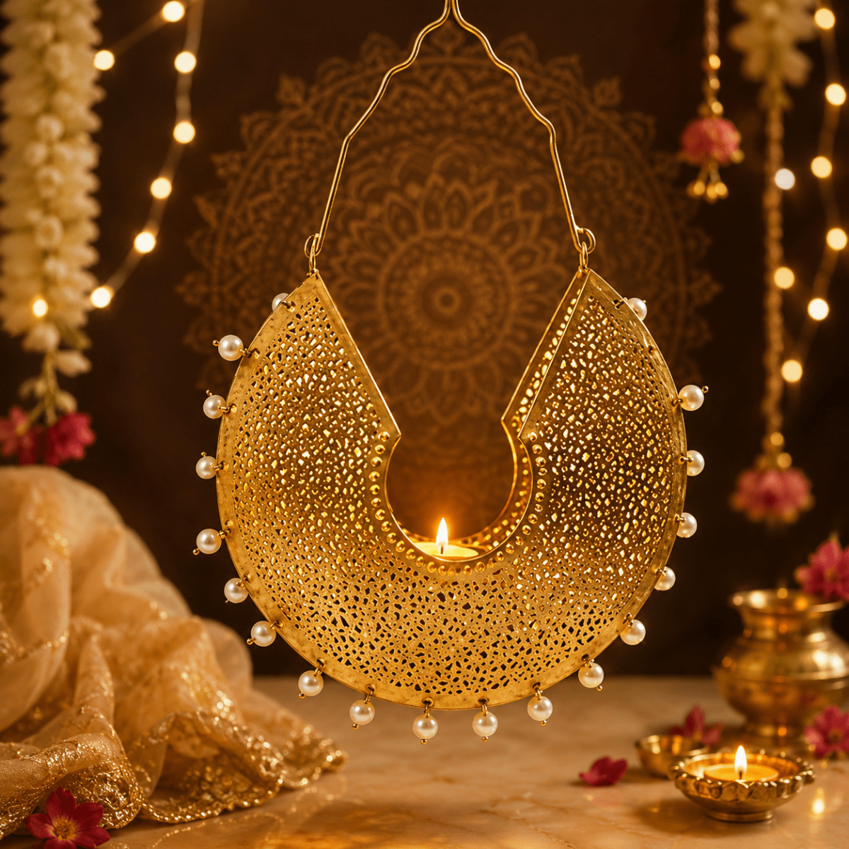 ROYALSTUFFS Chand Bali Candle Holder – 8×8x10 inches (Pearl Beaded) - Royalstuffs.com