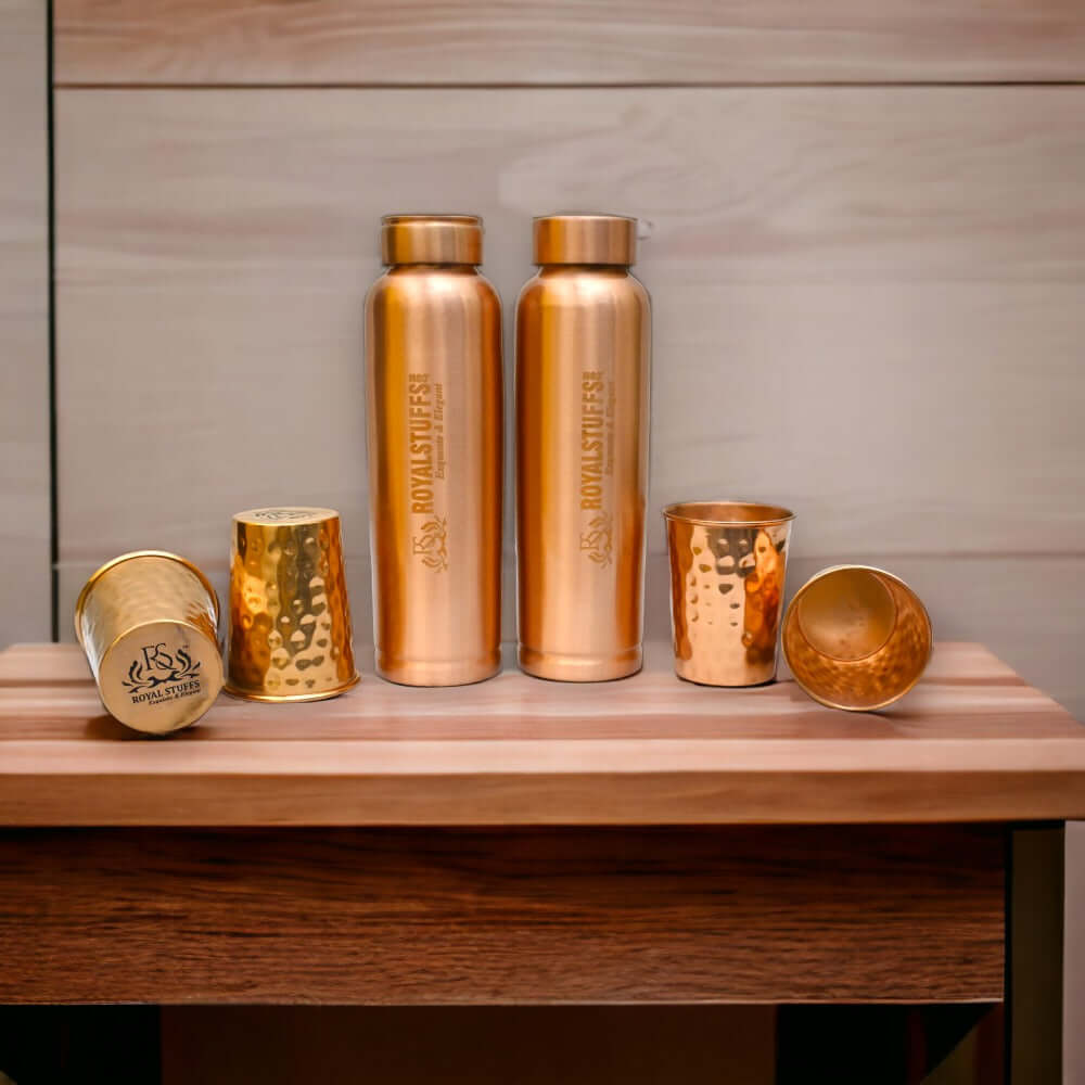 ROYALSTUFFS Copper 2 Water Bottle for Drinking with 4 Copper Glass Ayurvedic 900 ml Premium Quality Handcrafted Hammered Copper Vessel and Glass Set - Royalstuffs.com