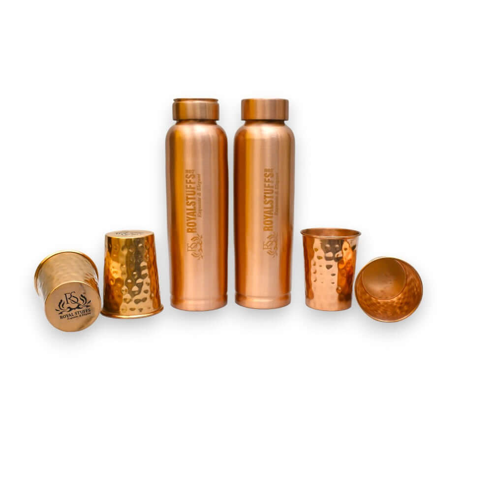 ROYALSTUFFS Copper 2 Water Bottle for Drinking with 4 Copper Glass Ayurvedic 900 ml Premium Quality Handcrafted Hammered Copper Vessel and Glass Set - Royalstuffs.com