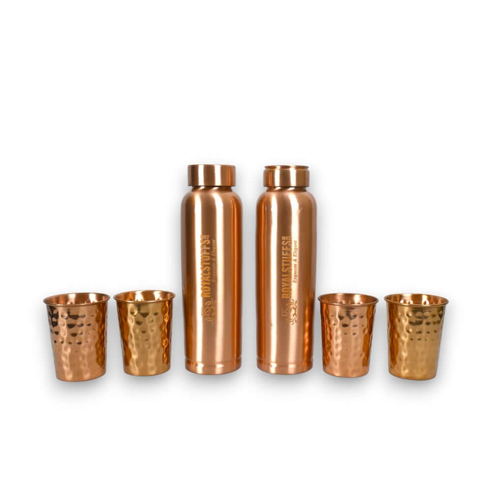 ROYALSTUFFS Copper 2 Water Bottle for Drinking with 4 Copper Glass Ayurvedic 900 ml Premium Quality Handcrafted Hammered Copper Vessel and Glass Set - Royalstuffs.com