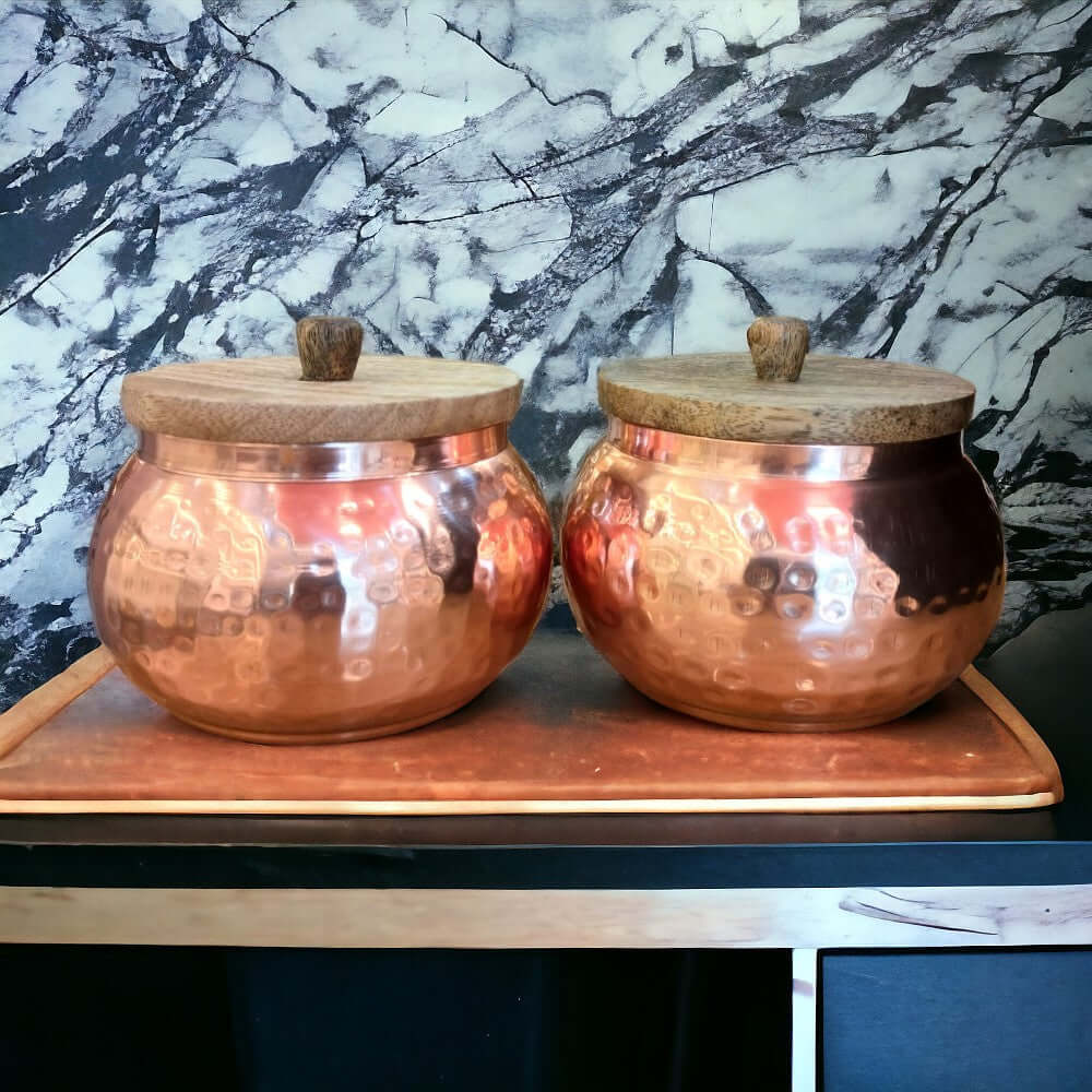 ROYALSTUFFS Copper Finished Hammered Metal Jar Set with wooden lid (Air Tight) 4×4 inches - Royalstuffs.com