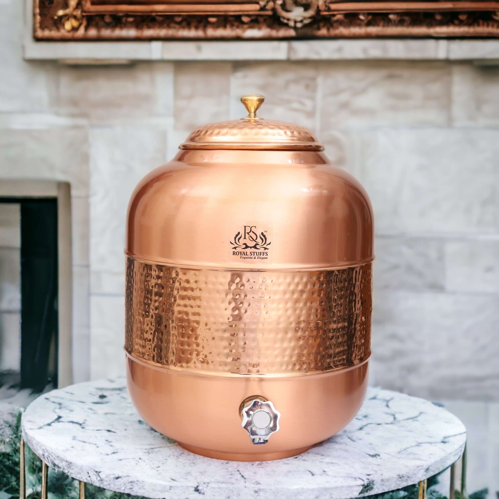 8L Copper Water Dispenser with Elegant Hammered Design | Storage Tank for Drinking Water - Royalstuffs.com