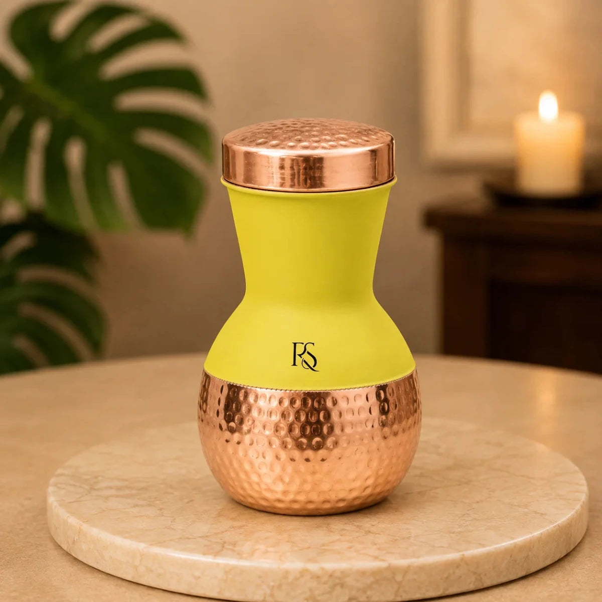 ROYALSTUFFS Copper Yellow Matka Pot with Inbuilt Glass Capacity 1250 ML - Royalstuffs.com