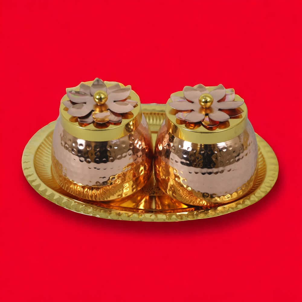 ROYALSTUFFS Double Gold Copper Plated Flower Design Jar/Copper Container with Tray for dry fruits/Decorative Serving Box Set of 3 Size 4 Inch Packed in Golden Box Serveware | Tableware | Gift Item | Home decor - Royalstuffs.com